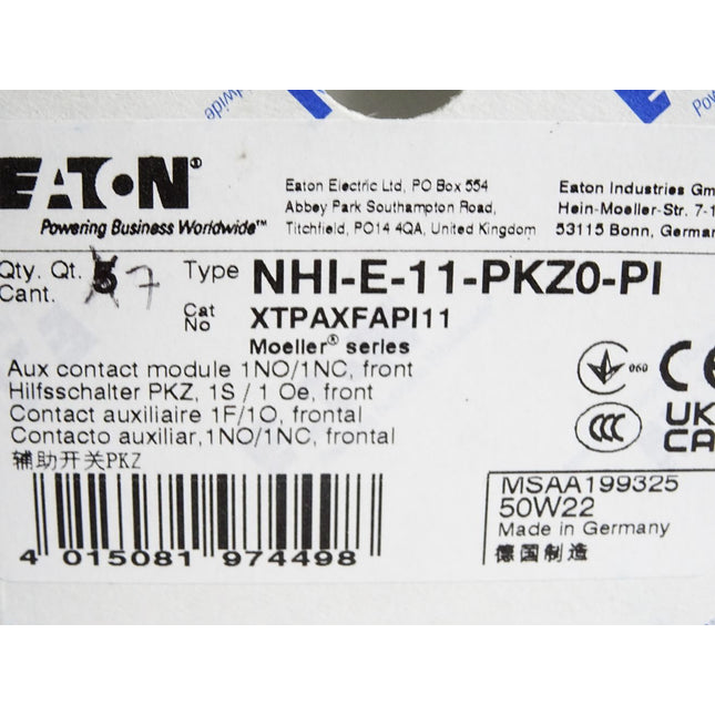 Eaton NHI-E-11-PKZ0-PI XTPAXFAPI11 Hilfsschalter / Inhalt:7 Stück / Neu OVP - Maranos.de