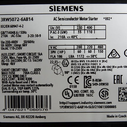 Siemens Sirius soft starter 3RW5072-6AB14