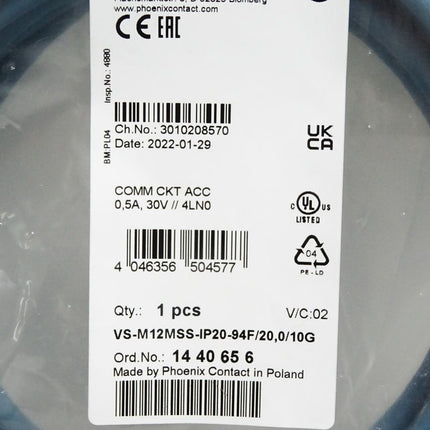 Phoenix Contact 1440656 VS-M12MSS-IP20-94F/ 20,0/10G Ethernet-Kabel / Neu OVP - Maranos.de