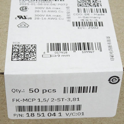 Phoenix Contact 1851041 Inhalt:50 Stück FK-MCP 1,5/ 2-ST-3,81 Neu OVP versiegelt - Maranos.de