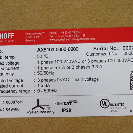 Beckhoff AX5103-0000-0200 Digital Servoverstärker 1-kanalig / Neu OVP versiegelt
