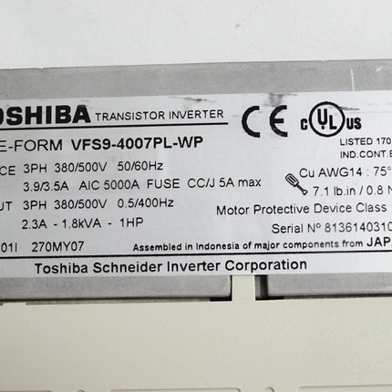Toshiba Transistor Inverter VF-S9 0.75kW VFS9-4007PL-WP