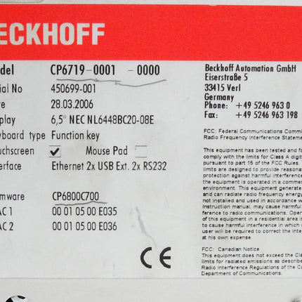 Beckhoff CP6719-0001-0000 Einbau-Control-Panel 6.5" Touchscreen - Maranos.de