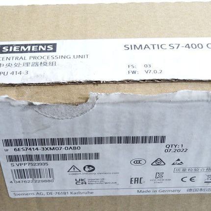 Siemens S7-400 CPU414-3 6ES7414-3XM07-0AB0 6ES7 414-3XM07-0AB0 / Neu OVP - Maranos.de