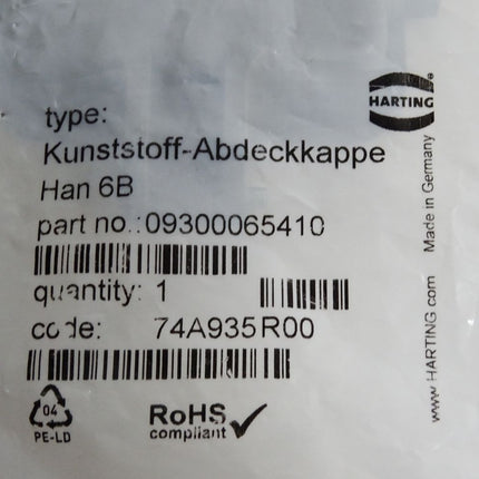 Harting Kunstoff-Abdeckkappe Han6B 09300065410 / Neu OVP