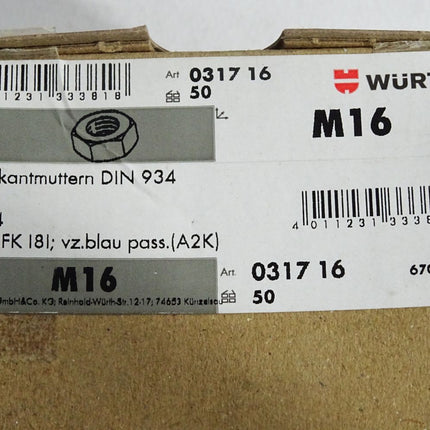 Würth Sechskantmuttern DIN934 SW24 Stahl FKI8I A2K 031716 M16 / 50 Stück - Maranos.de