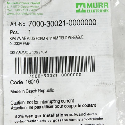 Murr Elektronik 7000-30021-0000000 SVS Ventilstecker / Neu OVP