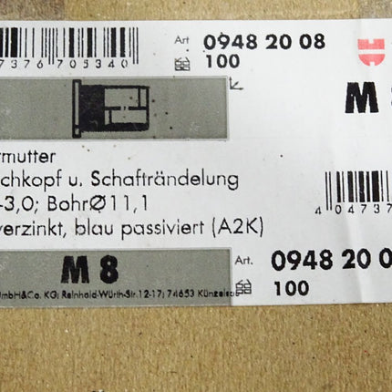 Würth Einnietmutter Flachkopf Schafträndelung M8 09482008 / 100 Stück - Maranos.de