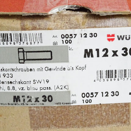 Würth Sechskantschrauben DIN933 SW19 8.8 M12x30 00571230 / 100 Stück - Maranos.de