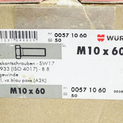 Würth Sechskantschrauben DIN933 SW17 8.8 M10x60 00571060 / 50 Stück - Maranos.de