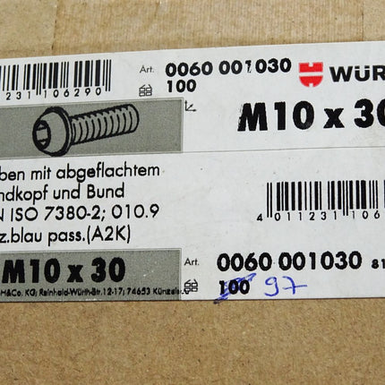 Würth Schrauben abgeflachtem Halbrundkopf Bund 010.9 M10x30 0060001030 /97 Stück - Maranos.de