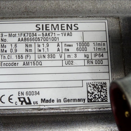 Siemens Simotics Servomotor 1FK7034-5AK71-1VA0 6000-1000min-1 Encoder AM15DQ