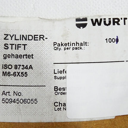 Würth Zylinderstift gehärtet ISO8734A M6-6X55 5094506055 / 100 Stück - Maranos.de