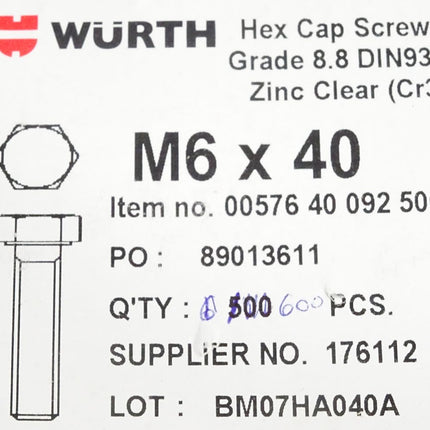 Würth Schrauben 8.8 DIN933 M6x40 0057640092 / 600 Stück - Maranos.de