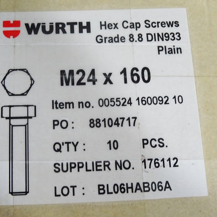 Würth Sechskantschrauben 8.8 DIN933 M24x160 005524160092 / 10 Stück - Maranos.de