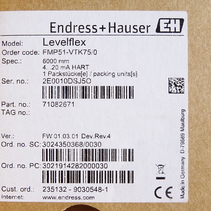 Endress+Hauser Levelflex FMP51-VTK75/0 6000mm 4..20mA HART 71082671 / 2 Stück
