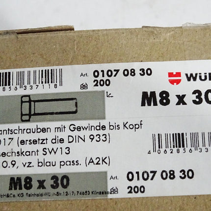Würth Sechskantschrauben ISO4017 SW13 10.9 M8x30 01070830 / 200 Stück - Maranos.de