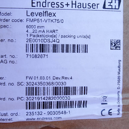 Endress+Hauser Levelflex FMP51-VTK75/0 6000mm 4..20mA HART 71082671 / 2 Stück