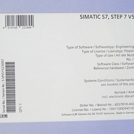 Siemens Software Simatic S7 STEP7 v5.5 SP4 6ES7810-4CC10-0YA5 / Neu OVP