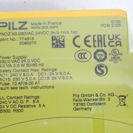 Pilz 774318 X3 230VAC 24VDC 3n/o 1n/c 1so Sicherheitsschaltgerät / Neu OVP