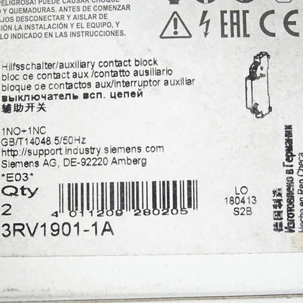 Siemens Hilfsschalter 3RV1901-1A / Inhalt:2 Stück / Neu OVP