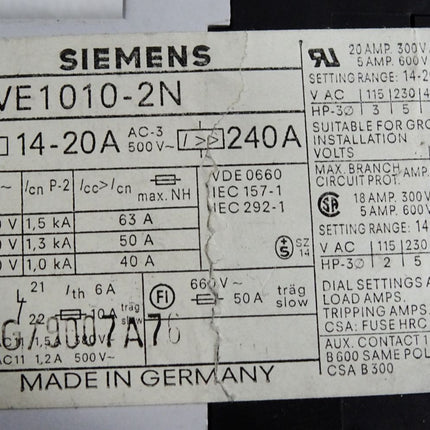 Siemens 3VE1010-2N Motorschutzschalter - Maranos.de