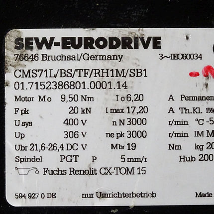 SEW Eurodrive Elektrozylinder CMS71L/BS/TF/RH1M/SB1 3000min-1 CX-TOM15