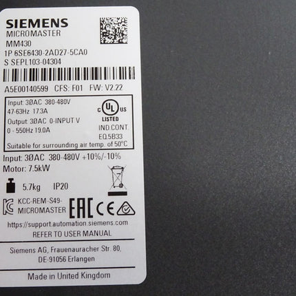 Siemens Micromaster MM430 6SE6430-2AD27-5CA0 7.5kW + Profibus 6SE6400-1PB00-0AA0
