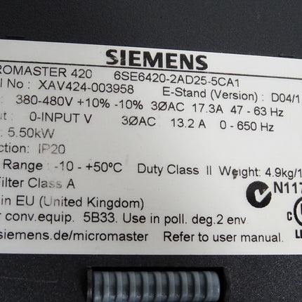 Siemens Micromaster 420 6SE6420-2AD25-5CA1 5.5kW + Profibus 6SE6400-1PB00-0AA0