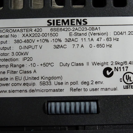 Siemens Micromaster 420 6SE6420-2AD23-0BA1 3kW + Profibus 6SE6400-1PB00-0AA0 - Maranos.de