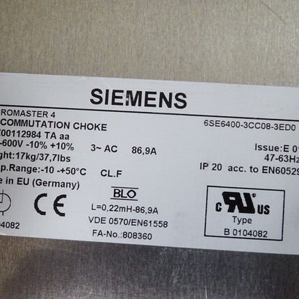 Siemens Micromaster 4 AC Commutation Choke 6SE6400-3CC08-3ED0