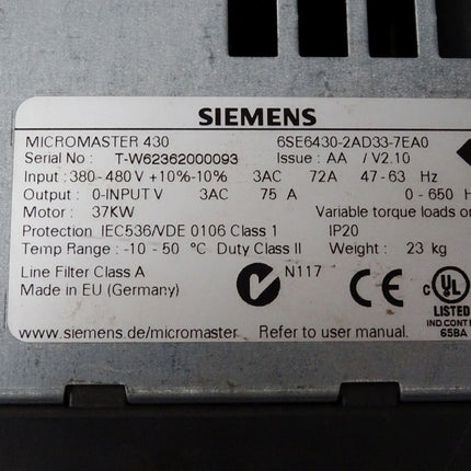 Siemens Micromaster 430 37kW 6SE6430-2AD33-7EA0
