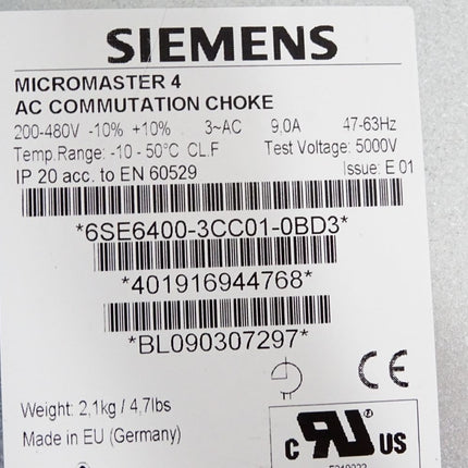 Siemens Micromaster 4 AC Commutation Choke 6SE6400-3CC01-0BD3