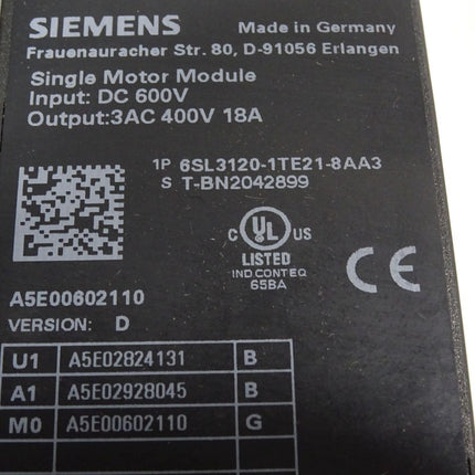 Siemens Single Motor Module 6SL3120-1TE21-8AA3 - Maranos.de