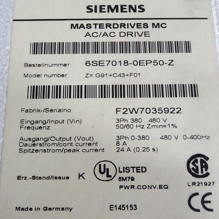 Siemens Masterdrives MC 6SE7018-0EP50-Z G91+C43+F01 - Maranos.de