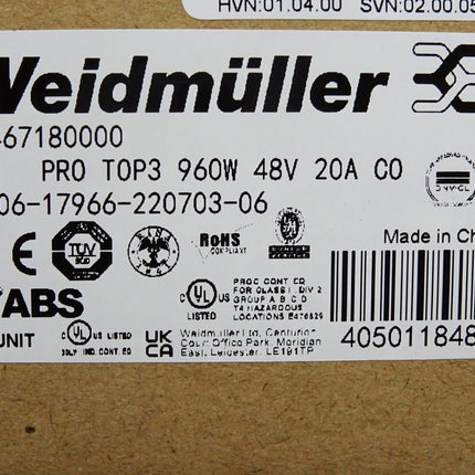 Weidmüller Stromversorgung 48V PRO TOP3 960W 48V 20A CO 2467180000 / Neu OVP - Maranos.de