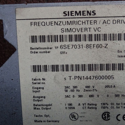 Siemens Simovert Frequenzumrichter 6SE7031-8EF60-Z G91