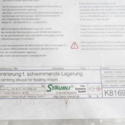 Stäubli Hilfzentrierung für schwimmende Lagerung K81699410 / Neu OVP - Maranos.de