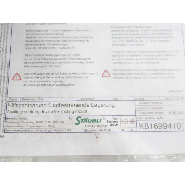 Stäubli Hilfzentrierung für schwimmende Lagerung K81699410 / Neu OVP - Maranos.de
