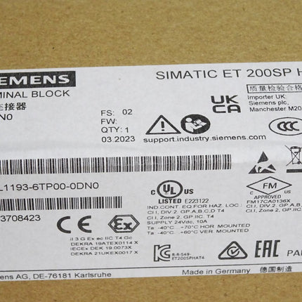 Siemens ET200SP HA Terminal Block 6DL1193-6TP00-0DN0 / Neu OVP versiegelt - Maranos.de