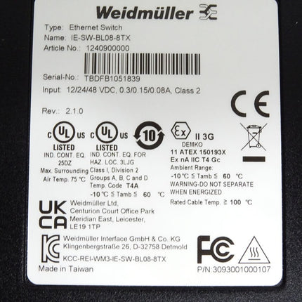 Weidmüller Etehrnet Switch IE-SW-BL08-8TX 1240900000 / Unbenutzt