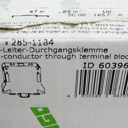 Wago 285-1184 2-Leiter-Durchgangsklemme / Inhalt:5 Stück / Neu OVP - Maranos.de