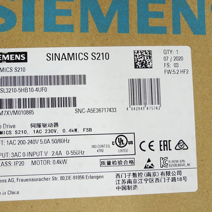 Siemens Sinamics S210 6SL3210-5HB10-4UF0 0.4kW / Neu OVP