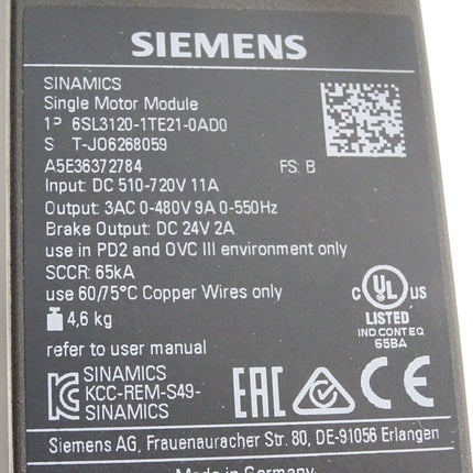 Siemens Sinamics Single Motor Module 6SL3120-1TE21-0AD0 / Neuwertig