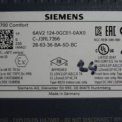 Siemens TP700 Comfort Panel 6AV2124-0GC01-0AX0 6AV2 124-0GC01-0AX0 / Erneuert