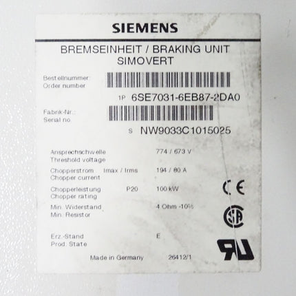 Siemens Simovert Bremseinheit 6SE7031-6EB87-2DA0 - Maranos.de