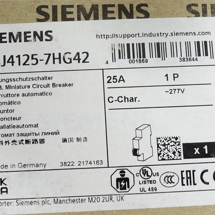 Siemens Leitungsschutzschalter 5SJ4125-7HG42 25A 1P / Neu OVP