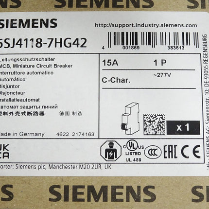 Siemens Leitungsschutzschalter 5SJ4118-7HG42 15A 1P / Neu OVP