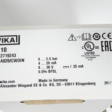 Wika Drucksensor A-10 12719243 0..2.5bar / Neu OVP