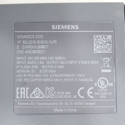 Siemens Sinamics S210 6SL3210-5HB10-1UF0 0.1kW - Maranos.de